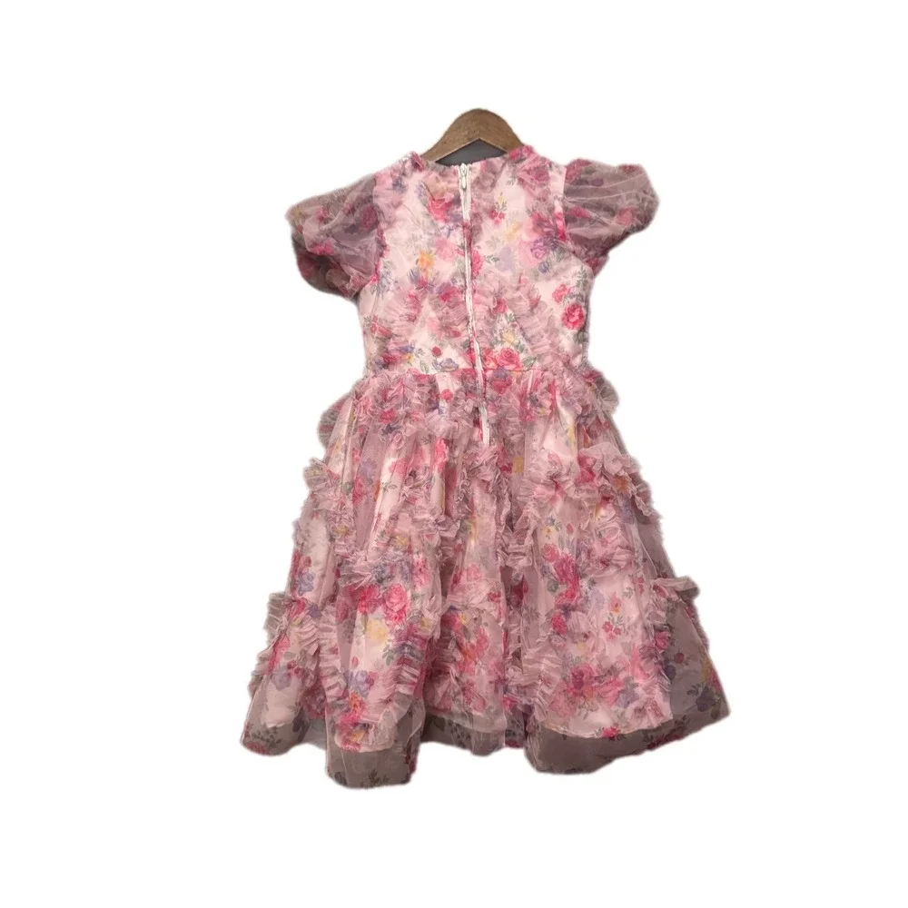 Kensie Girl Floral Ruffle Party Dress Girls Size 10 Pink Mesh Puff Sleeve